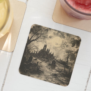 Dessous De Verre Carré Halloween Vintage Graveyard Tombstone