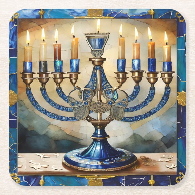 Dessous De Verre Carré Hanoukka bleue Menorah (Devant)