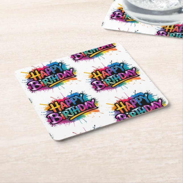 Dessous De Verre Carré Happy Birthday Graffiti Pink Coaster (Incliné)