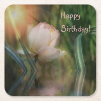 Happy Birthday Lotus Reflection Paper Coaster