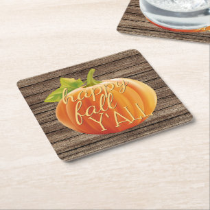 Dessous De Verre Carré Happy Fall Y'all Orange Citrouille sur Planks Moti