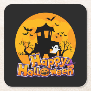 Dessous De Verre Carré Happy Halloween Haunted House Moon