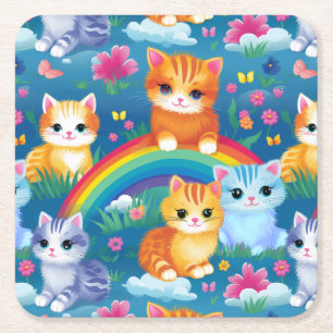Dessous De Verre Carré Happy Kitty Cats sur Rainbow Clouds
