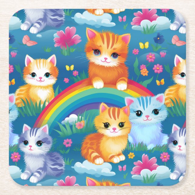 Dessous De Verre Carré Happy Kitty Cats sur Rainbow Clouds (Devant)