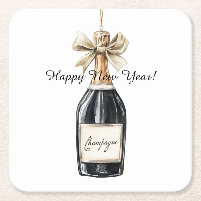Dessous De Verre Carré Happy New Year Gold Black Champagne Bottle (Devant)