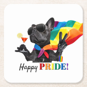 Dessous De Verre Carré Happy Pride Party Dog in Rainbow Cape