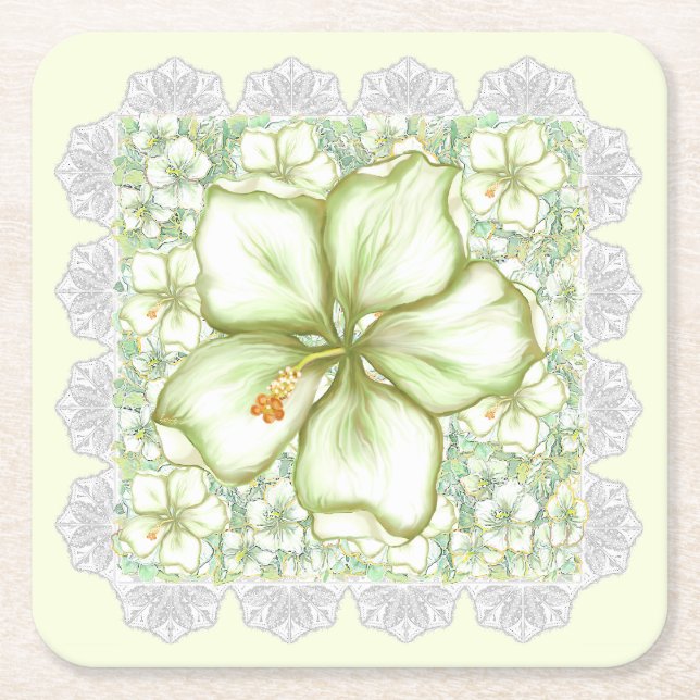 Dessous De Verre Carré Hibiscus & dentelle BLANC (Devant)