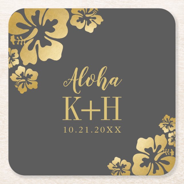 Dessous De Verre Carré Hibiscus d'or Aloha Monogram Mariage (Devant)