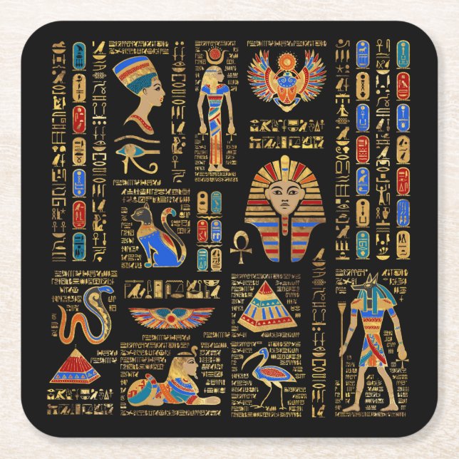 Dessous De Verre Carré Hiéroglyphes et divinités égyptiens en noir (Devant)