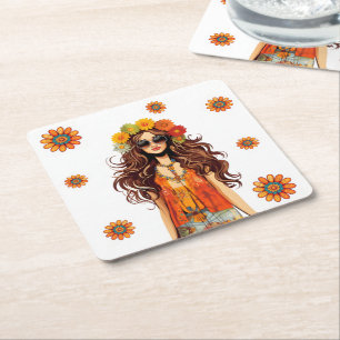 Dessous De Verre Carré Hippie super Hippie 1970 à thème fête d'anniversai