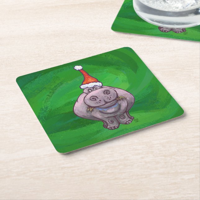 Dessous De Verre Carré Hippo Festif Sur Vert (Incliné)