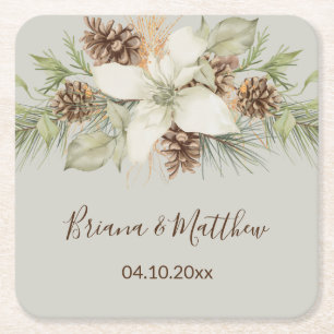 Dessous De Verre Carré Hiver Beige Elegant Mariage Script