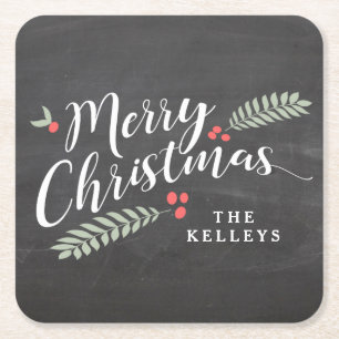 Dessous De Verre Carré Holly et Berries Joyeux Noël Personnalisé