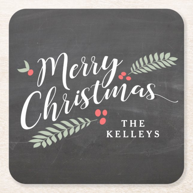 Dessous De Verre Carré Holly et Berries Joyeux Noël Personnalisé (Devant)