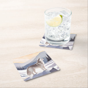 Dessous De Verre Carré Husky d'Alaska Aquarelle Dog Mountain
