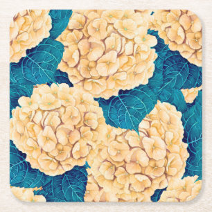 Dessous De Verre Carré Hydrangea aquarelle motif, jaune et bleu