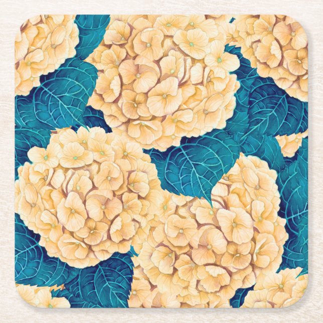 Dessous De Verre Carré Hydrangea aquarelle motif, jaune et bleu (Devant)
