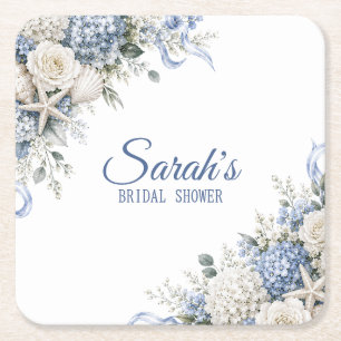 Dessous De Verre Carré Hydrangea Coastal Bridal Shower Personnalisé