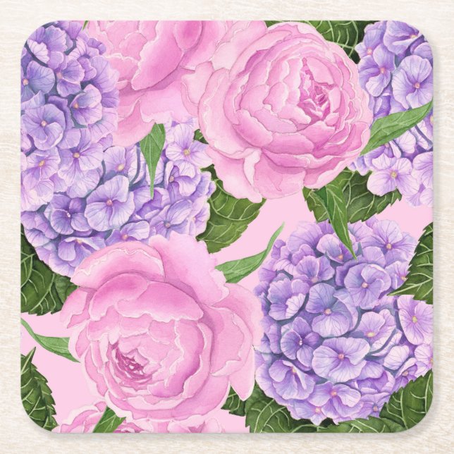 Dessous De Verre Carré Hydrangea et motif de pivoine (Devant)