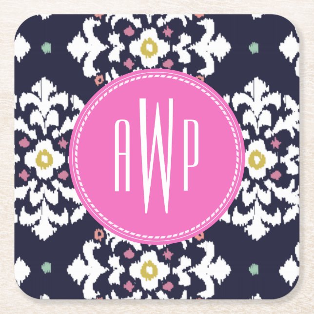 Dessous De Verre Carré Ikat + Monogramme rose (Devant)