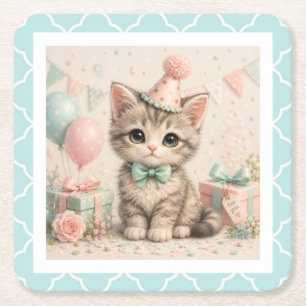 Dessous De Verre Carré Illustration de chaton d'anniversaire pastel