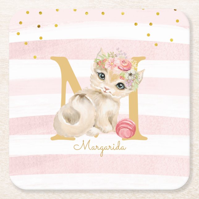 Dessous De Verre Carré Illustration de chats mignonnes Blancs roses rayur (Devant)