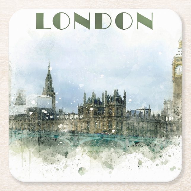 Dessous De Verre Carré Illustration de l'aquarelle de Londres (Devant)