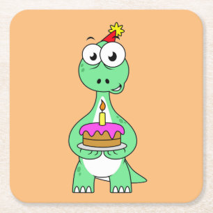 Dessous De Verre Carré Illustration Du Brontosaurus Avec Gâteau D'Anniver