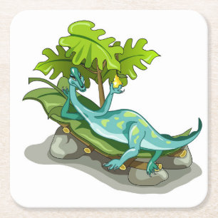 Dessous De Verre Carré Illustration D'Un Bain De Soleil Iguanodon.