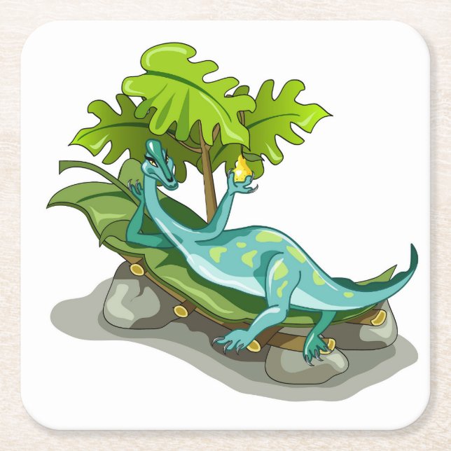Dessous De Verre Carré Illustration D'Un Bain De Soleil Iguanodon. (Devant)
