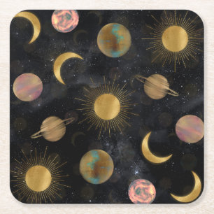 Dessous De Verre Carré Illustration Gold Sun Moon Planètes Space