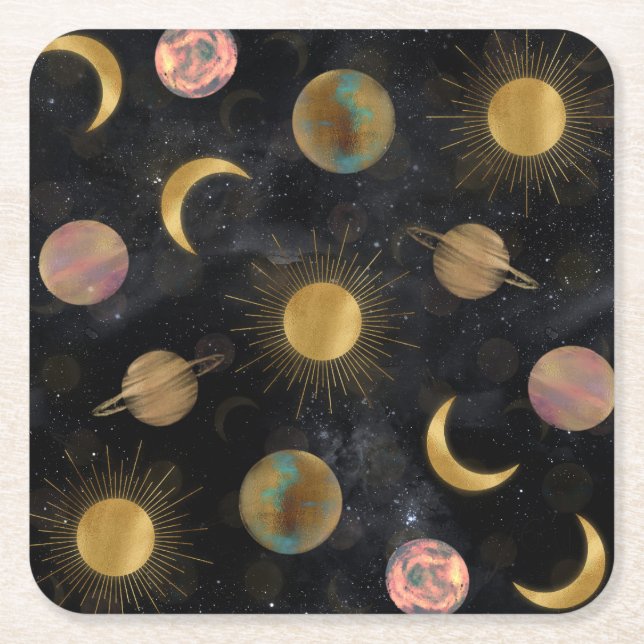 Dessous De Verre Carré Illustration Gold Sun Moon Planètes Space (Devant)