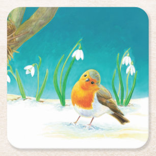 Dessous De Verre Carré Illustration Red Robin Bird and Snowdrops