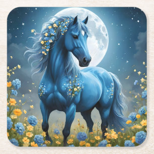 Dessous De Verre Carré Imaginaire Bleu Magique Cheval Lune Fleurs,