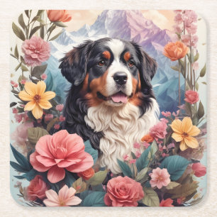 Dessous De Verre Carré imaginaire floral 3D Bernese Mountain Dog Birds Vi