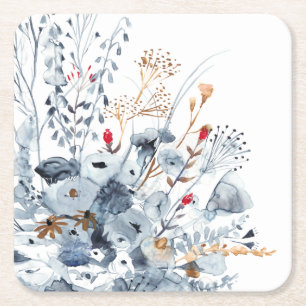 Dessous De Verre Carré Indigo et ocre - fleurs d'aquarelle