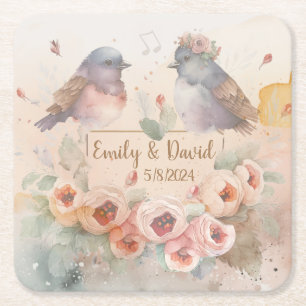 Dessous De Verre Carré Inséparables aquarelle avec roses pour mariage
