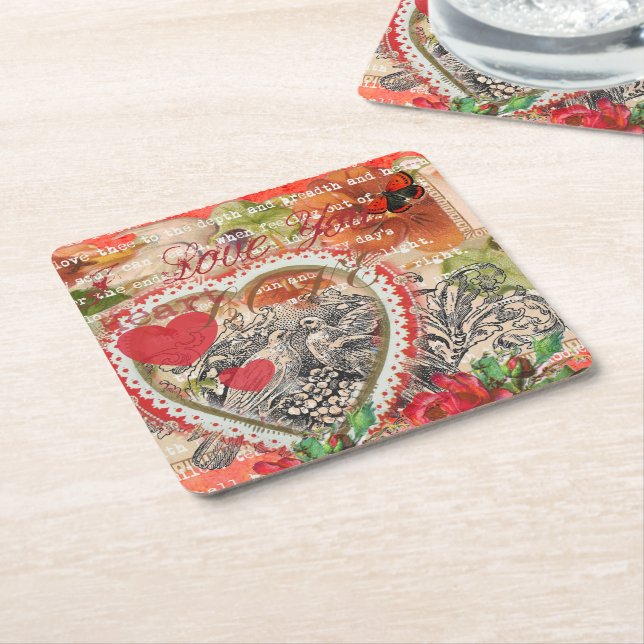 Dessous De Verre Carré Inséparables Heart Red Art Collage (Incliné)
