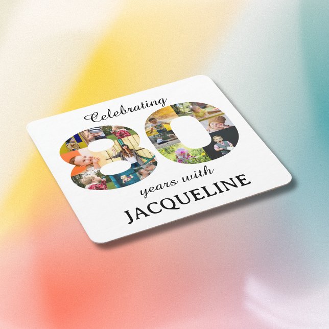 Dessous De Verre Carré Invitation Modèle photo du 80e anniversaire (80th birthday personalized coasters with family photo collage template.)