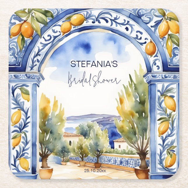 Dessous De Verre Carré Italien Bleu carreaux arc citrons nuptiale douche (Devant)