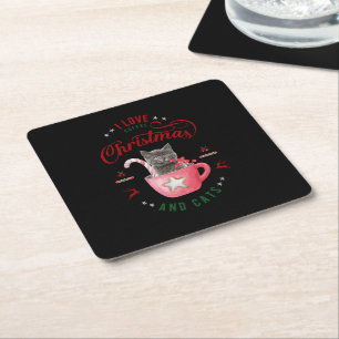 Dessous De Verre Carré J'aime Café Noël et Chats Joyeux Salutations