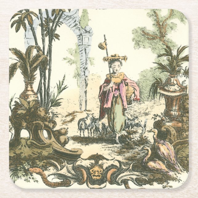 Dessous De Verre Carré Jardin asiatique avec femme et animaux (Devant)