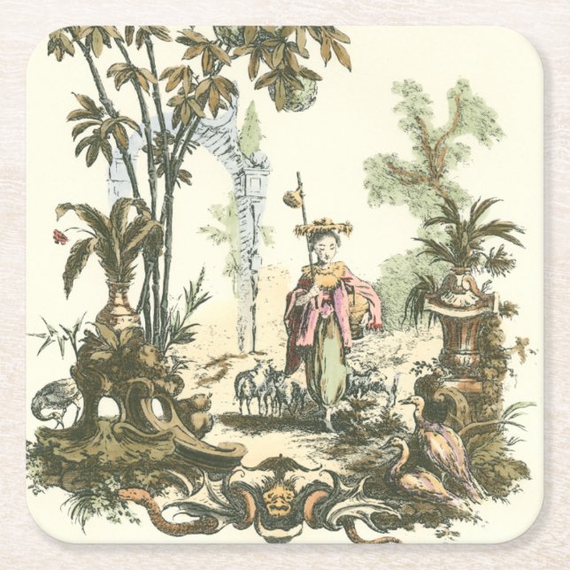 Dessous De Verre Carré Jardin asiatique avec femme et animaux (Devant)