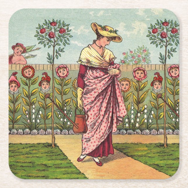 Dessous De Verre Carré Jardin Cultivation Flower Woman Art Antique (Devant)