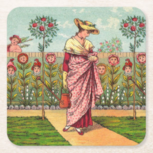 Dessous De Verre Carré Jardin Fleurir Femme Art Antique
