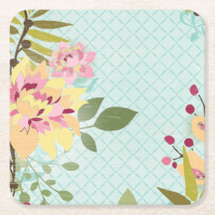 Dessous De Verre Carré Jardin floral, arrière - plan bleu