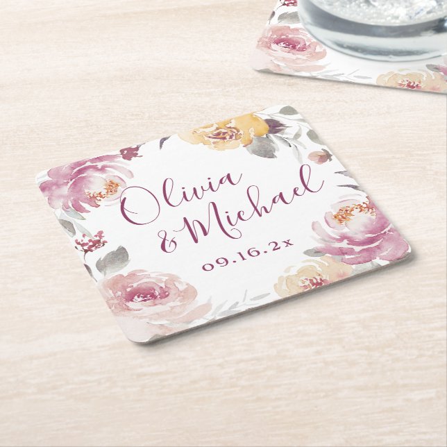 Dessous De Verre Carré Jardin romantique aquarelle fleurie noms (Incliné)