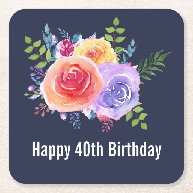 Dessous De Verre Carré Jardin Rose Fleurs d'aquarelle Anniversaire (Devant)