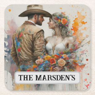Dessous De Verre Carré Jeunes mariés Country Western Aquarelle
