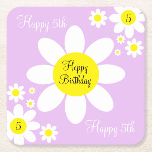 Dessous De Verre Carré Joli Anniversaire 5 Ans Fleurs Violettes et Blanch